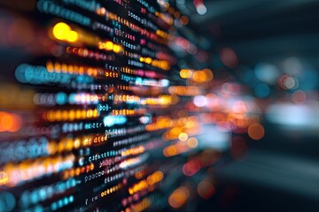 Blurred view of colorful coding on a digital screen, abstract pattern, data processing focus