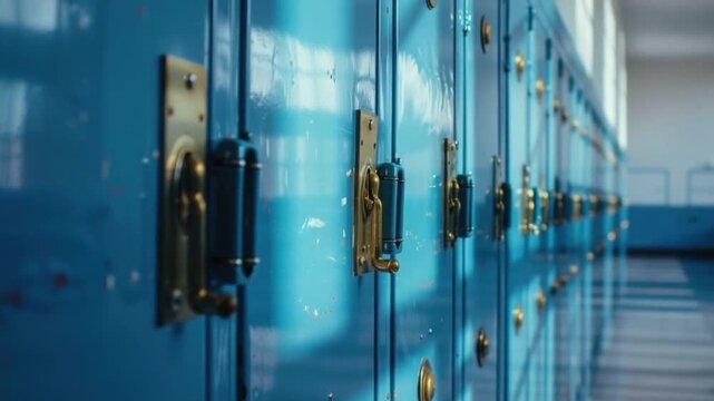 Blue lockers with metal locks arranged indoors in row, symbolizing security, organization, school, storage and workplace facilities.