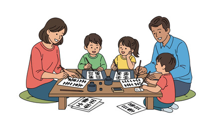 Family learning calligraphy together at a table.