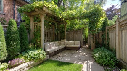 Cozy outdoor garden space with beautiful pergola, comfortable seating, lush greenery, and charming stone pathway surrounded by vibrant flowers and plants