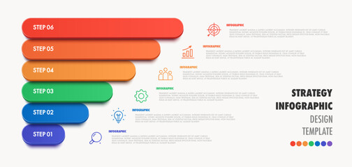 Strategy infographic vector template 6 step modern 3d color style for logic analysis, presentation, start up project, business strategy, theory basic operation 10 eps