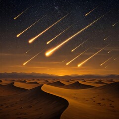 Meteor shower over a desert landscape at night, beautiful fantasy scene.
