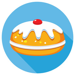 Cartoon illustration of a sufganiyah, glazed and topped with a red cherry in a blue circle