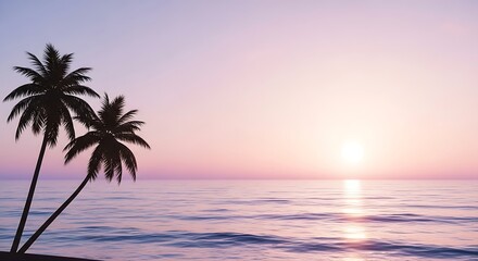 Obraz premium Silhouetted Palm Trees Against a Pastel Sunset Over the Ocean image photo
