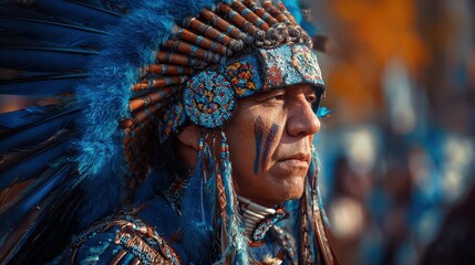 Native American Heritage Month. Portrait of an old native American man in traditional costume, headdress with blue feathers and painted face, blurred crowd in the background.