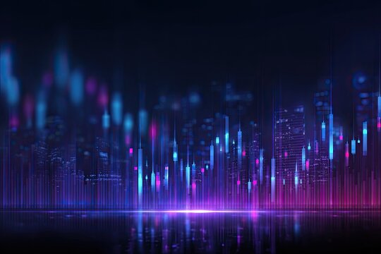 Abstract digital skyline with colorful vertical lights overlayed, suggesting data analysis or financial markets