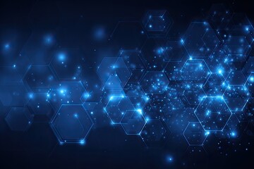 Abstract, futuristic digital image depicting a network of interconnected glowing hexagonal shapes