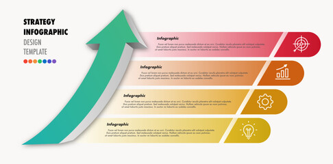 Strategy infographic template 4 steps with arrow 3d for sale strategy, start up project, business strategy, presentation, theory basic operation, logic analysis vector 10 eps