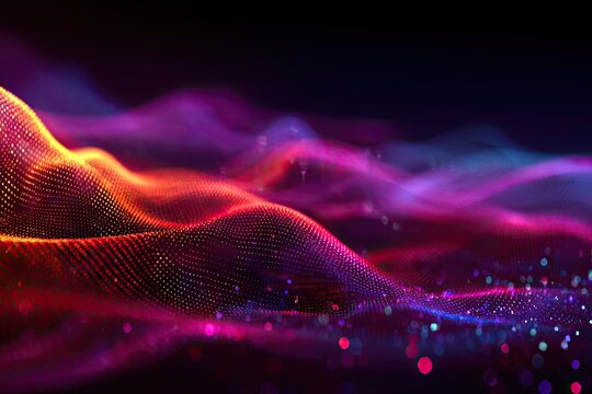Abstract waves of colorful particles, creating a dynamic and vibrant 3D visual effect on a dark background