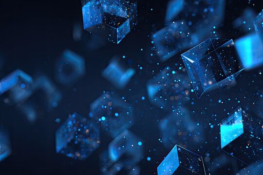 Blue-lit translucent cubes float amidst glowing particles, creating a futuristic and abstract design