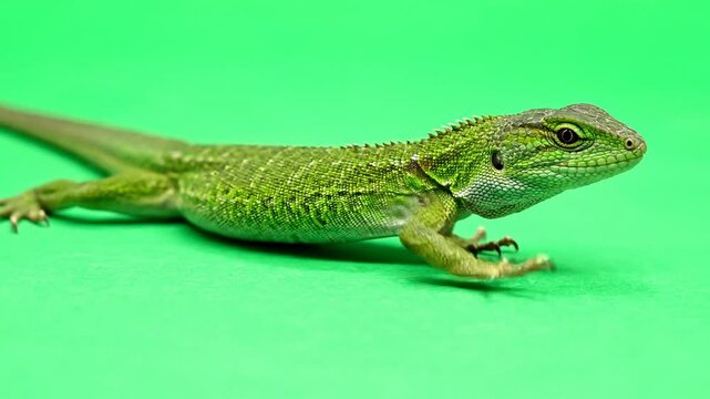 Green Water Dragon Lizard on Green Background, Close-up Studio Shot