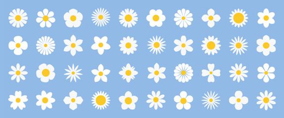 Daisy camomile flower icon set. Simple cute white flower collection vector. 