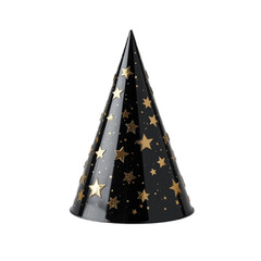 Black party hat with golden stars on a white background