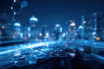 Blurry city lights and data network overlaid with a network of translucent hexagon shapes