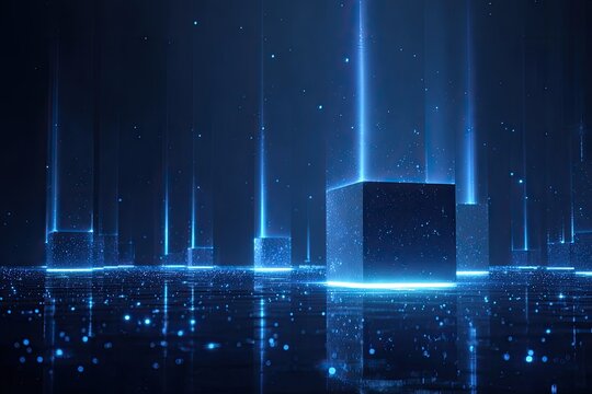 Abstract digital rendering of glowing cubic structures amidst a sea of illuminated particles