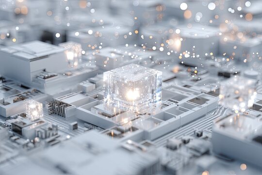 Futuristic digital cityscape with glowing cubes and intricate circuitry, blurred lights in background - Powered by Adobe