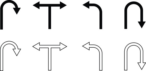 Road traffic direction arrows set vector u turn, left, right, two way and three way transportation arrow symbols isolated. © Hanan