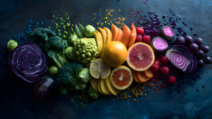Colorful fresh fruits and vegetables arranged artistically on a dark surface.