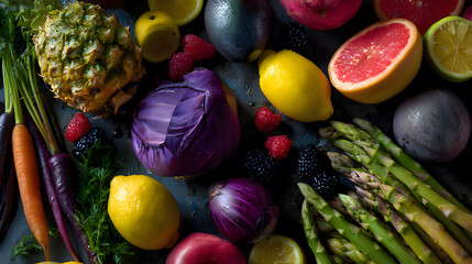 Colorful fresh fruits and vegetables arranged artistically on a dark surface.