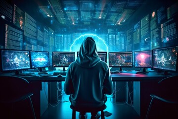 Back of anonymous robot hacker. Concept of hacking cybersecurity, cybercrime, cyberattack, etc. AI Generative