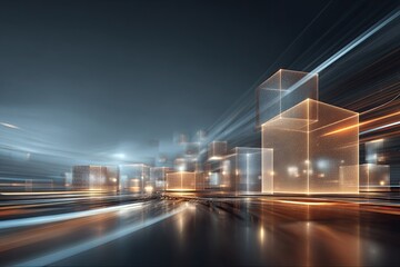 Futuristic cityscape with glowing cubes and light trails, suggesting advanced technology