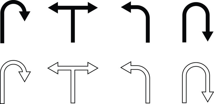 Road traffic direction arrows set vector u turn, left, right, two way and three way transportation arrow symbols isolated.