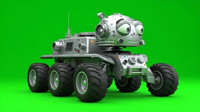 Whimsical robot rover with big eyes exploring on a vibrant green background