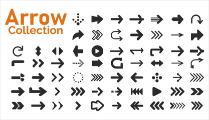 Diverse collection of black arrows pointing in various directions and styles