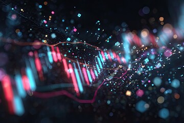 Abstract image of financial data visualization with light trails and glowing bokeh