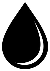 Black water drop icon with white highlight isolated on white