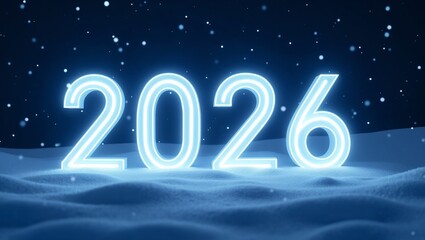 Glowing white 2026 numbers in snowy landscape at night, New Year concept