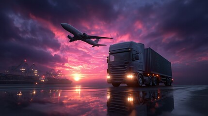 Cargo truck and airplane at sunset with port in background logistics new.design creative 4k hd