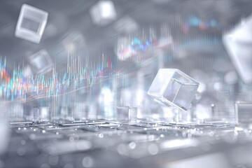 Abstract composition featuring translucent cubes with a financial trading graph in the background