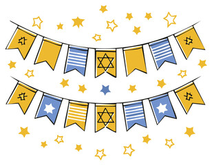 Vibrant blue and yellow Jewish celebration bunting banner with Stars of David and festive patterned flags