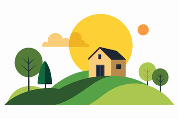 Fototapeta premium Minimalist Landscape Illustration House on a Hill with Trees, Sun, and Clouds