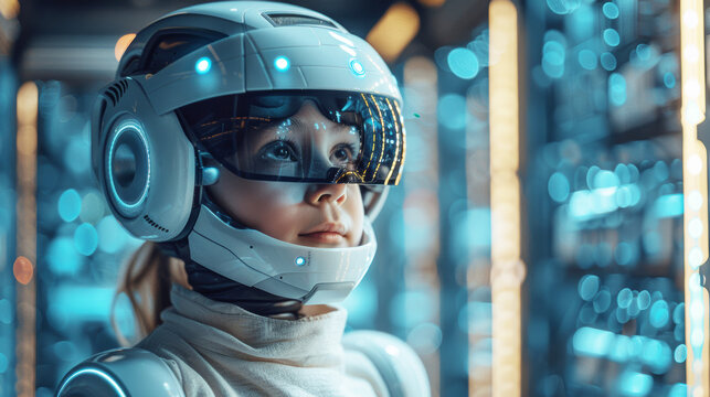 Cute little boy kid in robot suit and pilot suit is learning about science and cyber space in learning futuristic technology center. Education concept