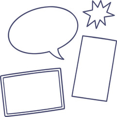 Minimalist comic speech bubble, starburst explosion shape, and blank rectangular text frames outline design isolated on white background for template, dialogue, and creative art use.