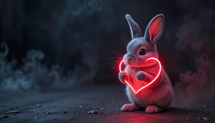 A charming gray bunny holding a radiant red heart in its paws against a smoky backdrop, conveying affection