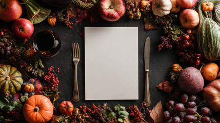Festive thanksgiving and halloween menu card mockup with pumpkins, flowers and rustic autumn table decor