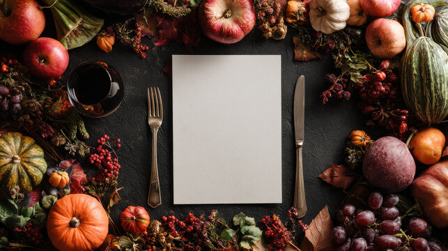 Festive thanksgiving and halloween menu card mockup with pumpkins, flowers and rustic autumn table decor