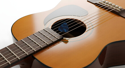 Fototapeta premium Close-up shot of a guitar with a pick, showcasing the intricate details of the instrument's body and strings
