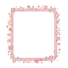 A charming, pink, square-shaped frame adorned with cute, whimsical illustrations.