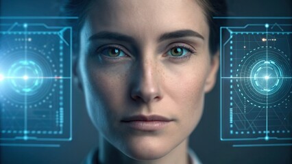 Close-Up of a Female Face with Biometric Data Analysis Interface