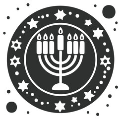 Festive menorah with candles, Hanukkah holiday graphic celebration art, black, gray and white design