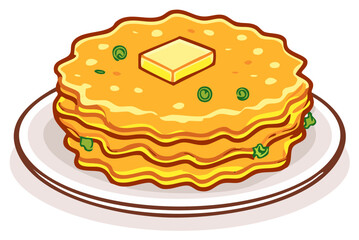 Stack of Golden Pancakes with Butter and Sprinkled Greens on a Plate