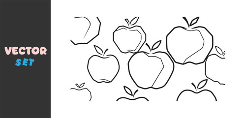 Hand drawn abstract sketch of various apples with stems and leaves