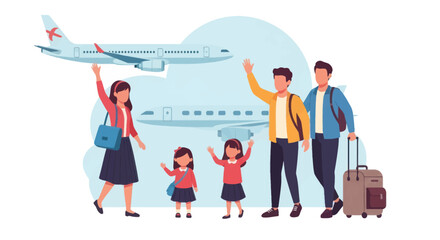Happy Family Waving Goodbye to Airplanes at the Airport.