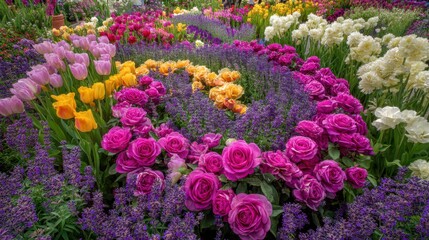 Vibrant Flower Garden with Colorful Tulips, Roses and Lavender Creating a Stunning Floral Display in Full Bloom Under Bright Sunlight