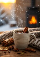 Warm cup of tea with aromatic spices, cozy winter drink
