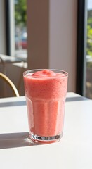 Refreshing strawberry smoothie served on a wooden table at a cozy cafe, fresh and healthy summer drink concept
